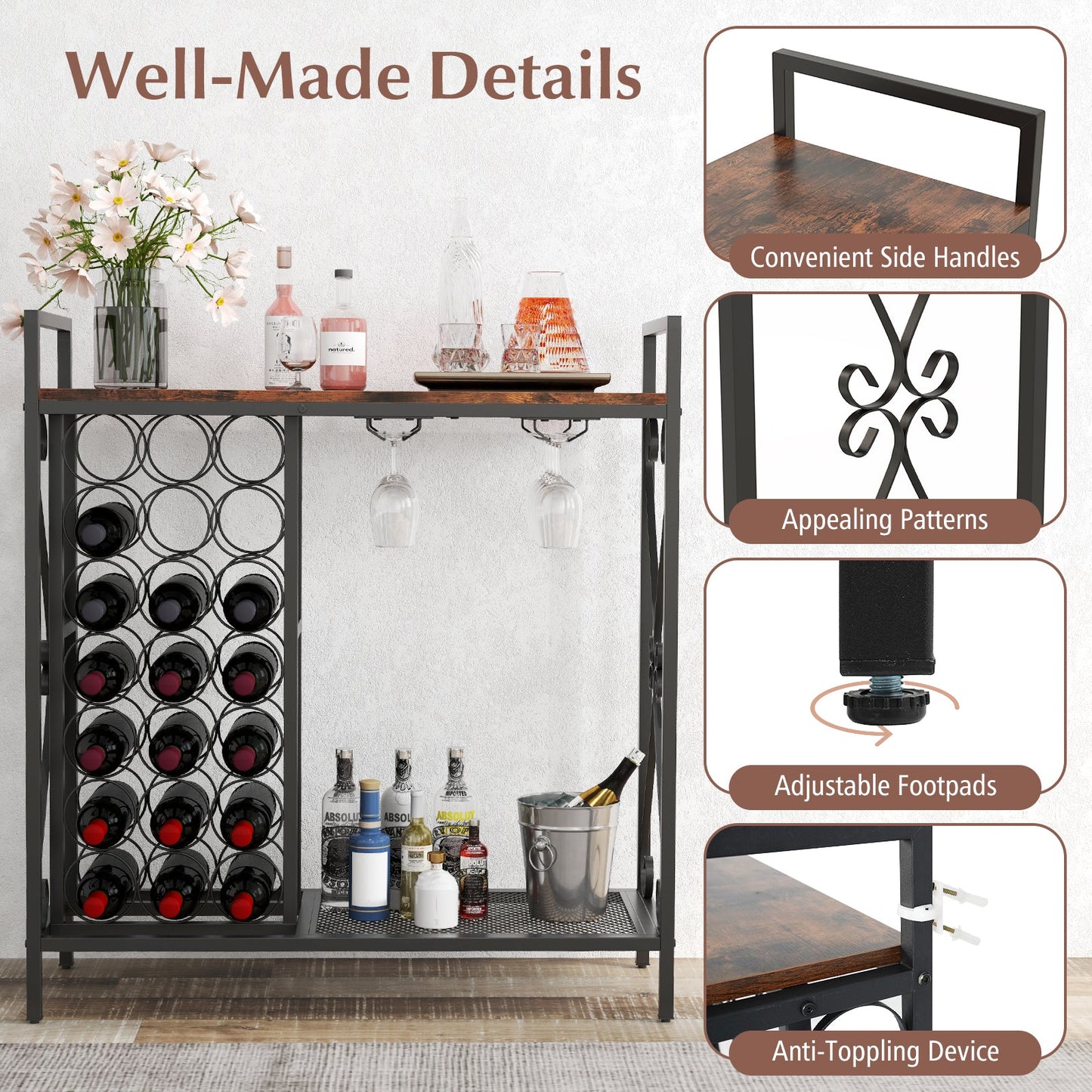 21 Bottle Wine Rack Freestanding Floor Wine Bottle Organizer w/ Wine-Glass Holder and Serving Shelf