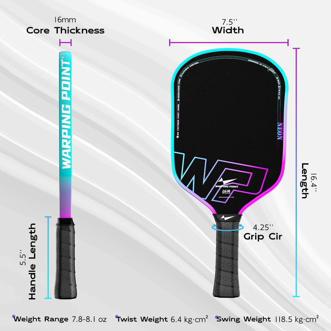 Neon Gen 3 Pickleball Paddle - 3-layer Carbon Fiber for torsional stability and control.