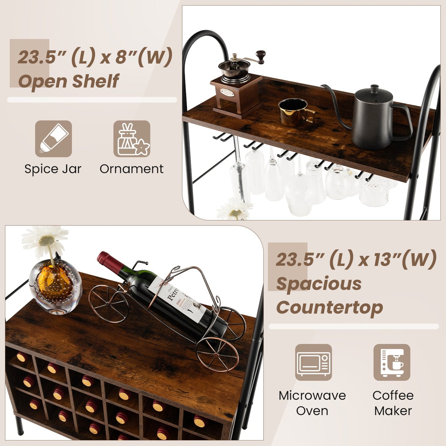 Baker's Rack with Detachable Wine Rack and Stemware Holder - Rustic Brown
