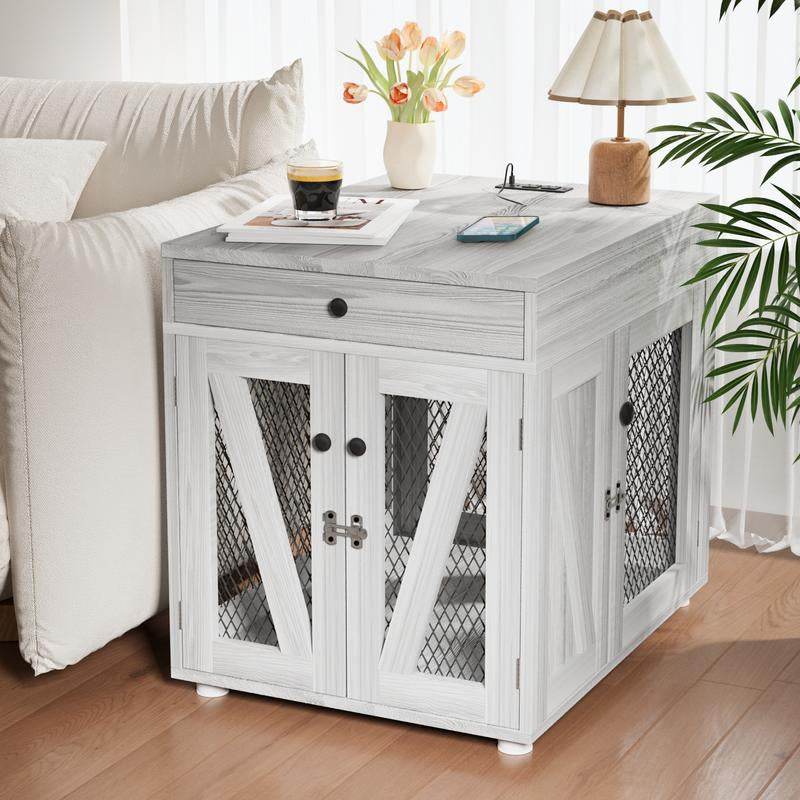 Dog Crate End Table/Nightstand with Drawer & USB Charging - Easy Assembly