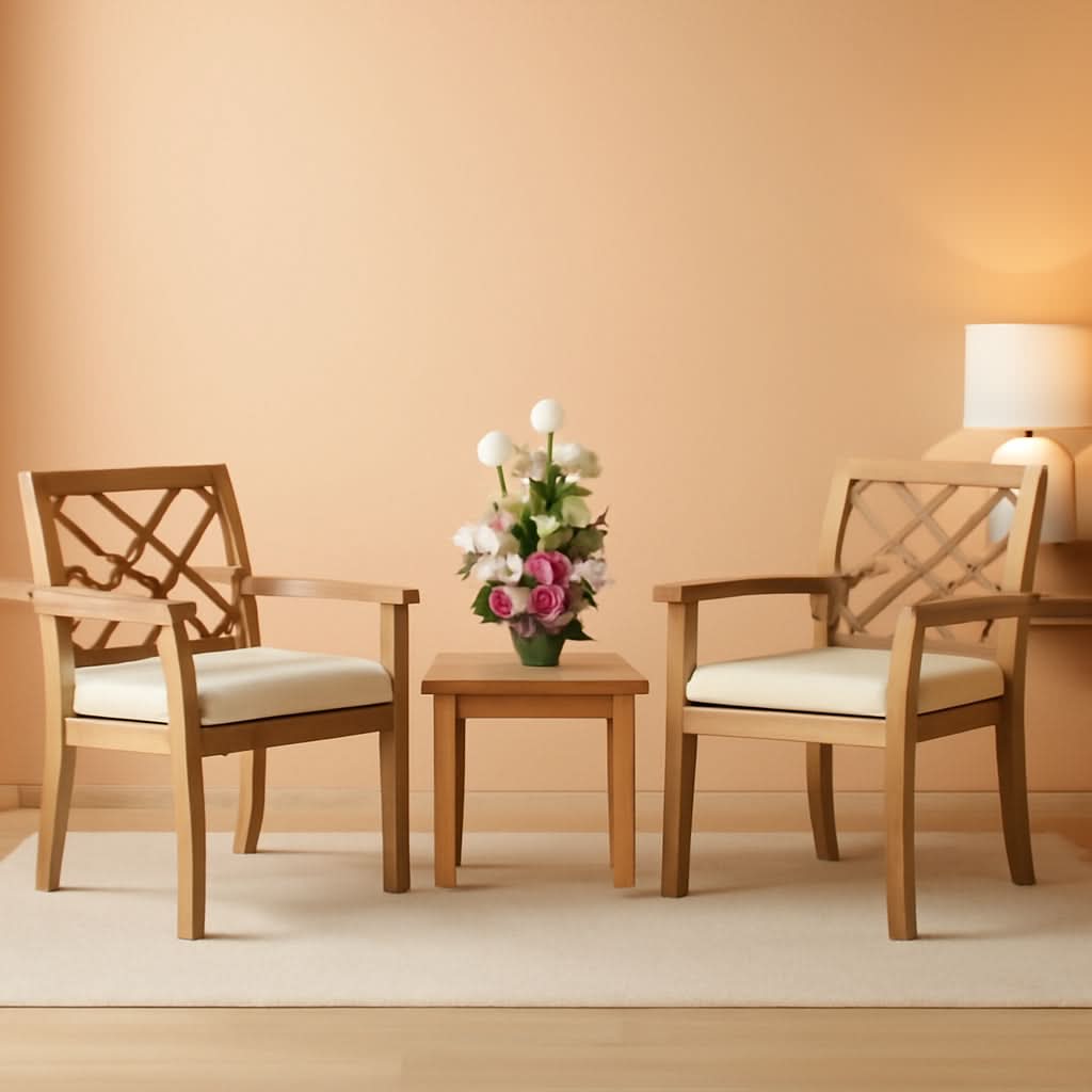 3 Piece Outdoor Patio Furniture Set: Acacia Wood Cushioned Chairs And Coffee Table