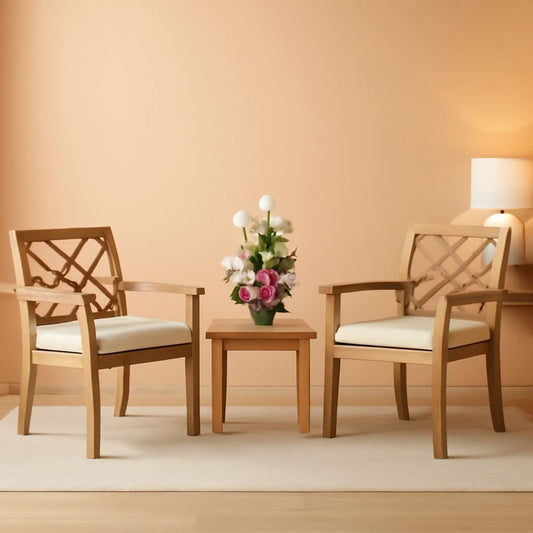 3 Piece Outdoor Patio Furniture Set: Acacia Wood Cushioned Chairs And Coffee Table