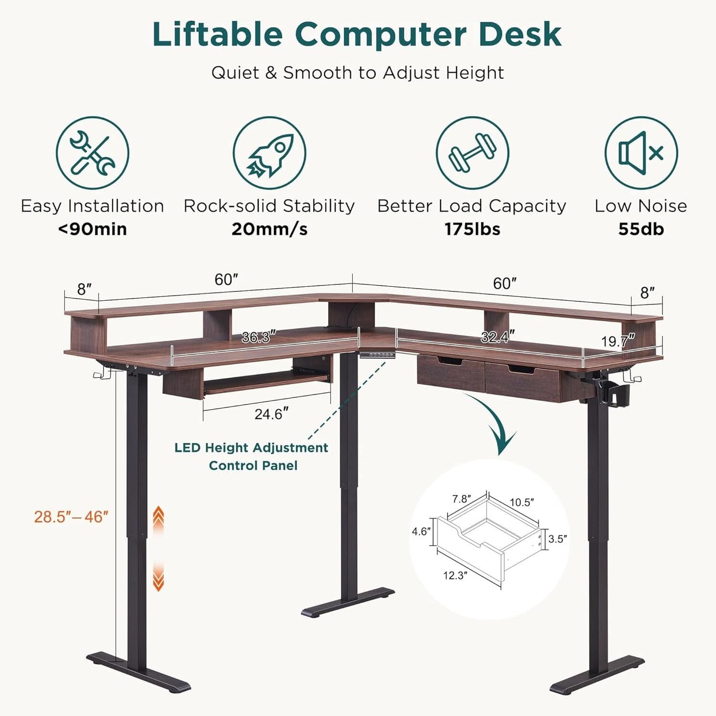 Elevated Motorized Standing Corner Desk Dark Walnut (60" both directions)