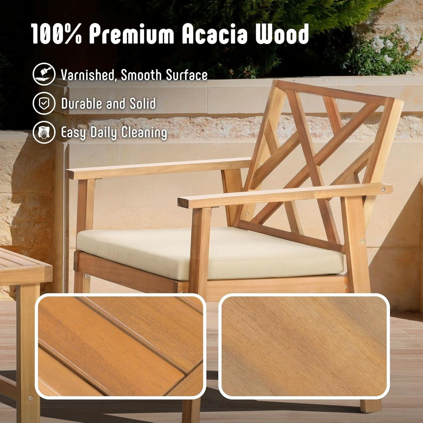 3 Piece Outdoor Patio Furniture Set: Acacia Wood Cushioned Chairs And Coffee Table