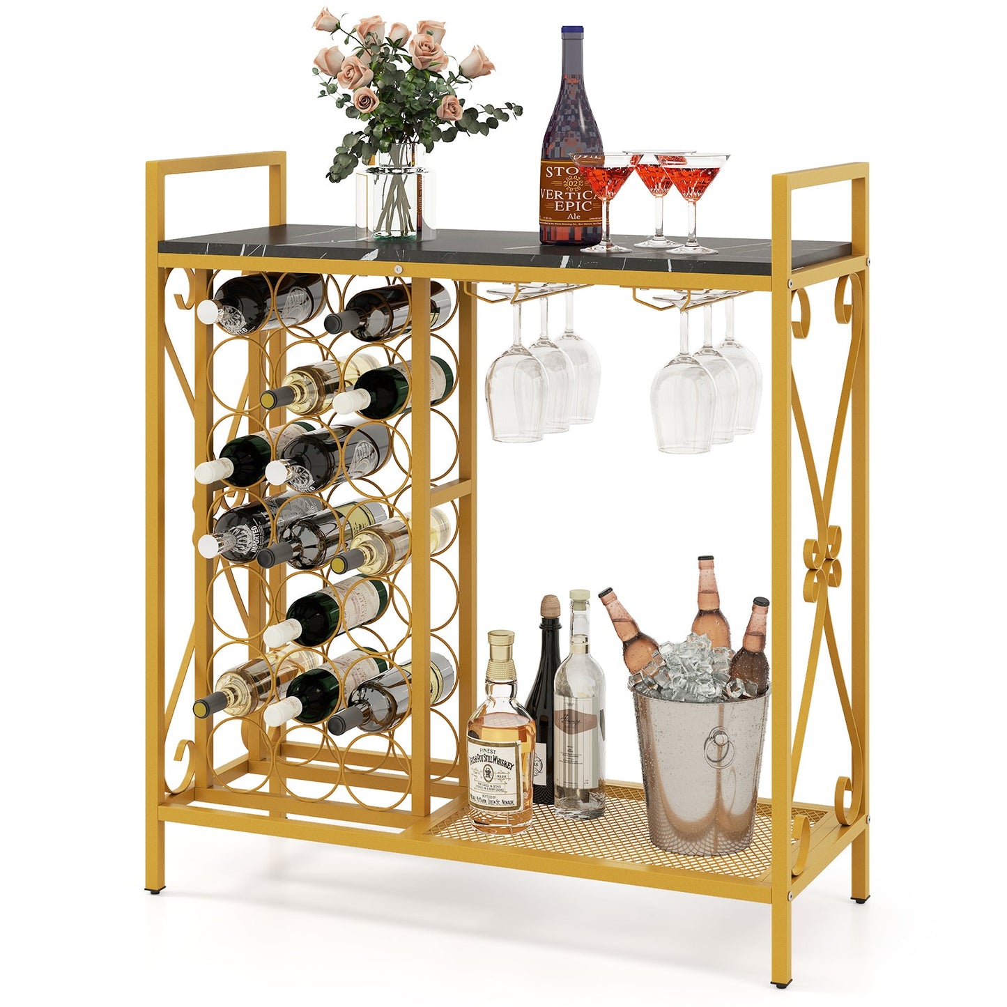 21 Bottle Wine Rack Freestanding Floor Wine Bottle Organizer w/ Wine-Glass Holder and Serving Shelf