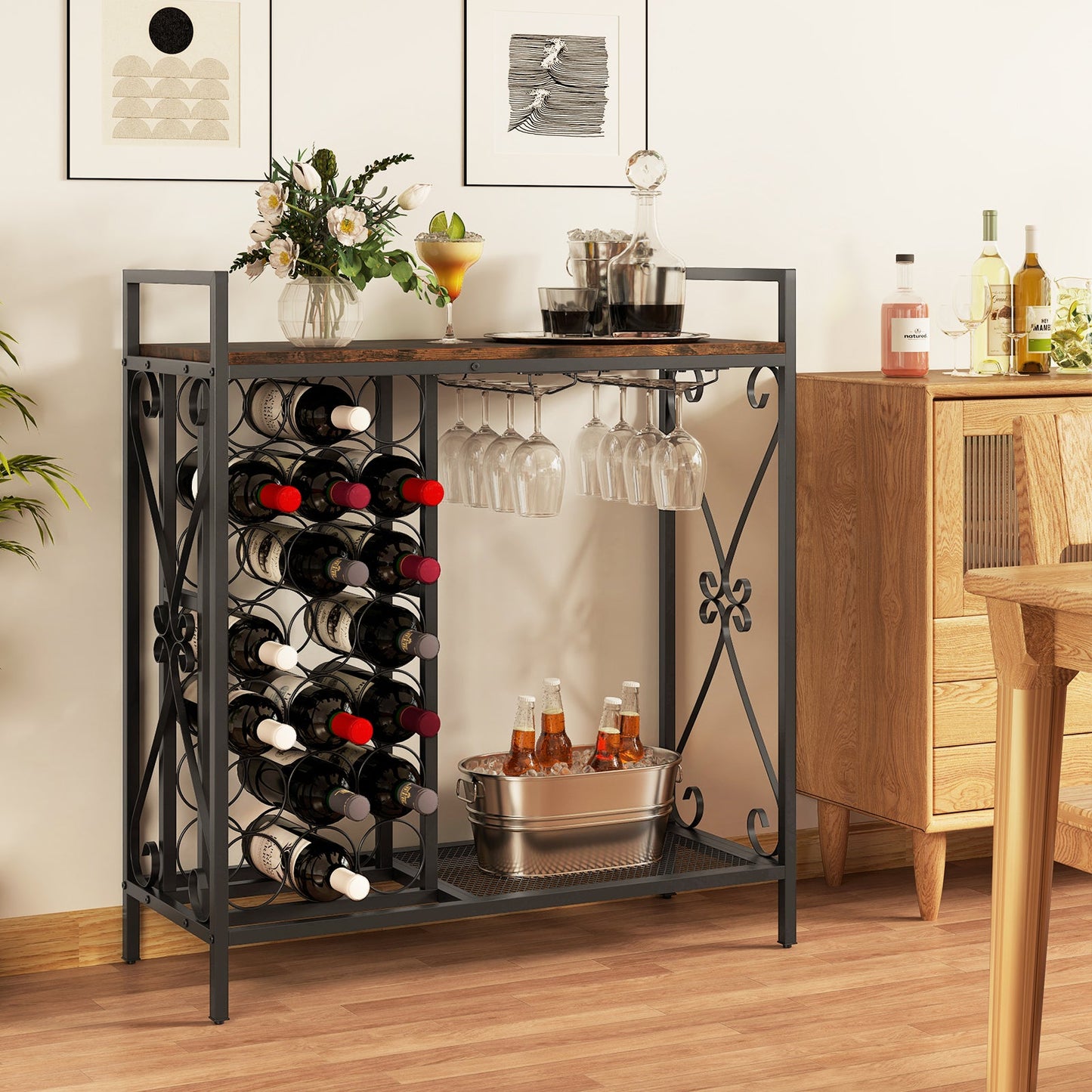 21 Bottle Wine Rack Freestanding Floor Wine Bottle Organizer w/ Wine-Glass Holder and Serving Shelf