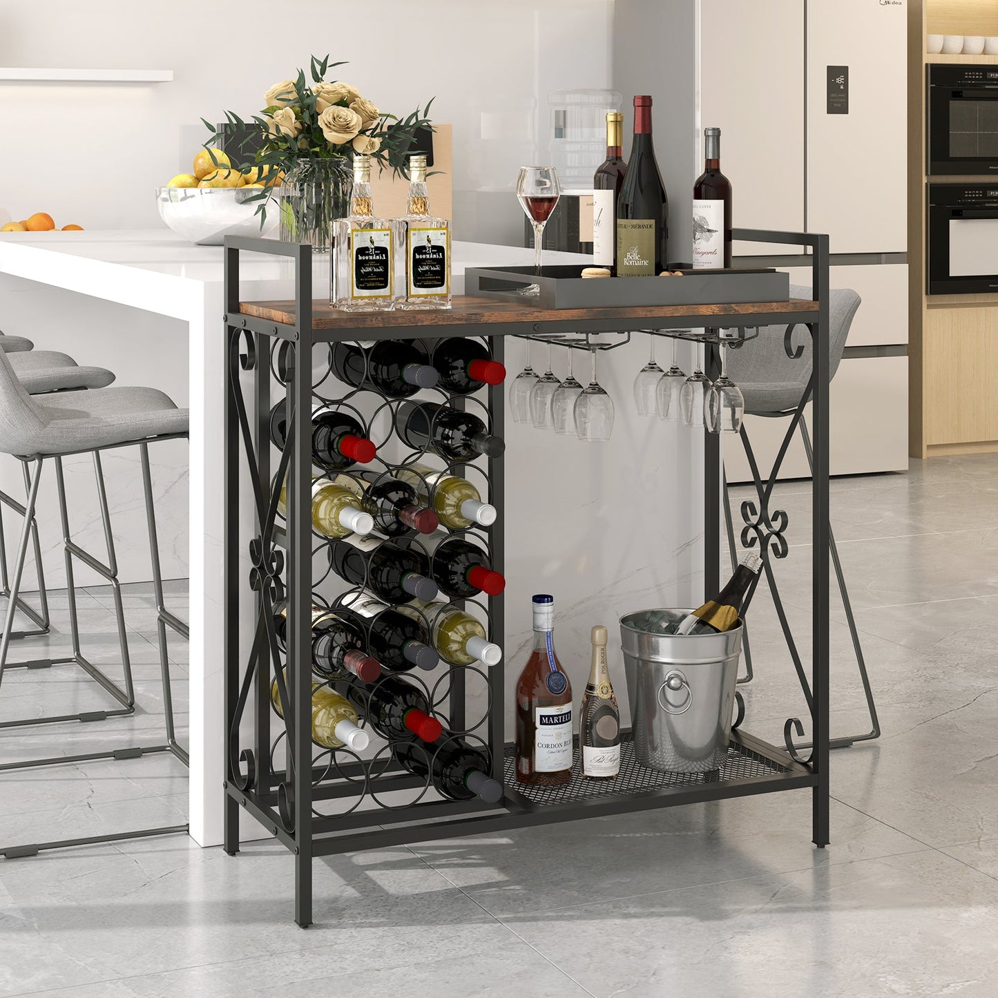 21 Bottle Wine Rack Freestanding Floor Wine Bottle Organizer w/ Wine-Glass Holder and Serving Shelf