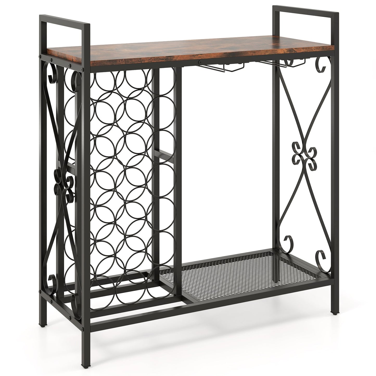 21 Bottle Wine Rack Freestanding Floor Wine Bottle Organizer w/ Wine-Glass Holder and Serving Shelf