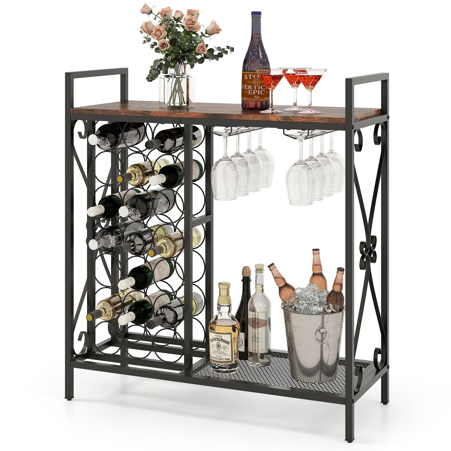 21 Bottle Wine Rack Freestanding Floor Wine Bottle Organizer w/ Wine-Glass Holder and Serving Shelf