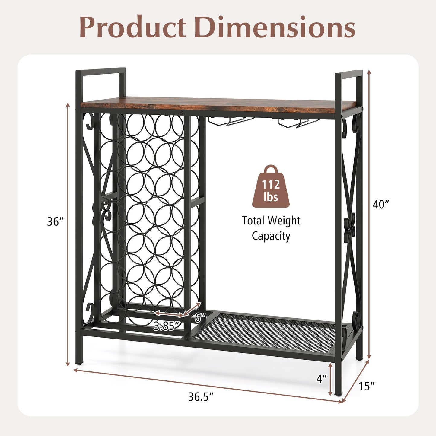 21 Bottle Wine Rack Freestanding Floor Wine Bottle Organizer w/ Wine-Glass Holder and Serving Shelf