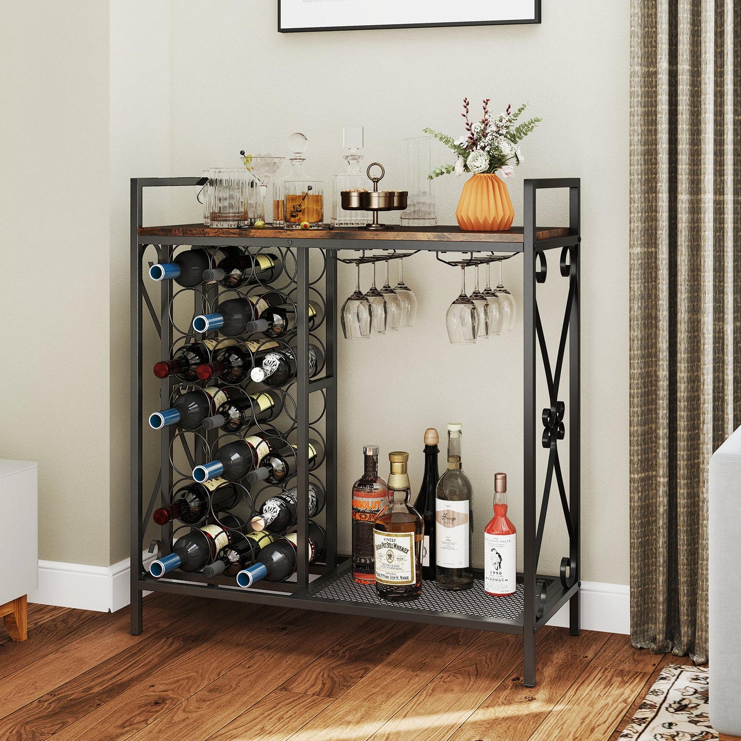 21 Bottle Wine Rack Freestanding Floor Wine Bottle Organizer w/ Wine-Glass Holder and Serving Shelf