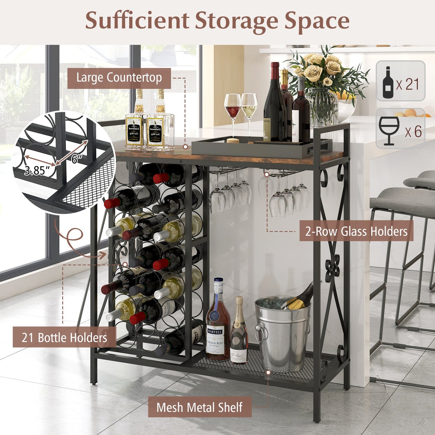 21 Bottle Wine Rack Freestanding Floor Wine Bottle Organizer w/ Wine-Glass Holder and Serving Shelf