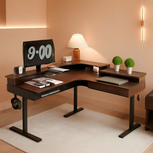 Elevated Motorized Standing Corner Desk Dark Walnut (60" both directions)