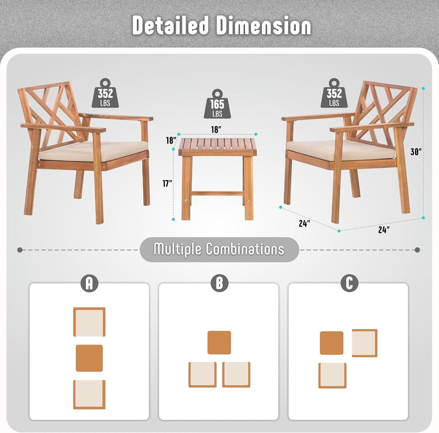3 Piece Outdoor Patio Furniture Set: Acacia Wood Cushioned Chairs And Coffee Table