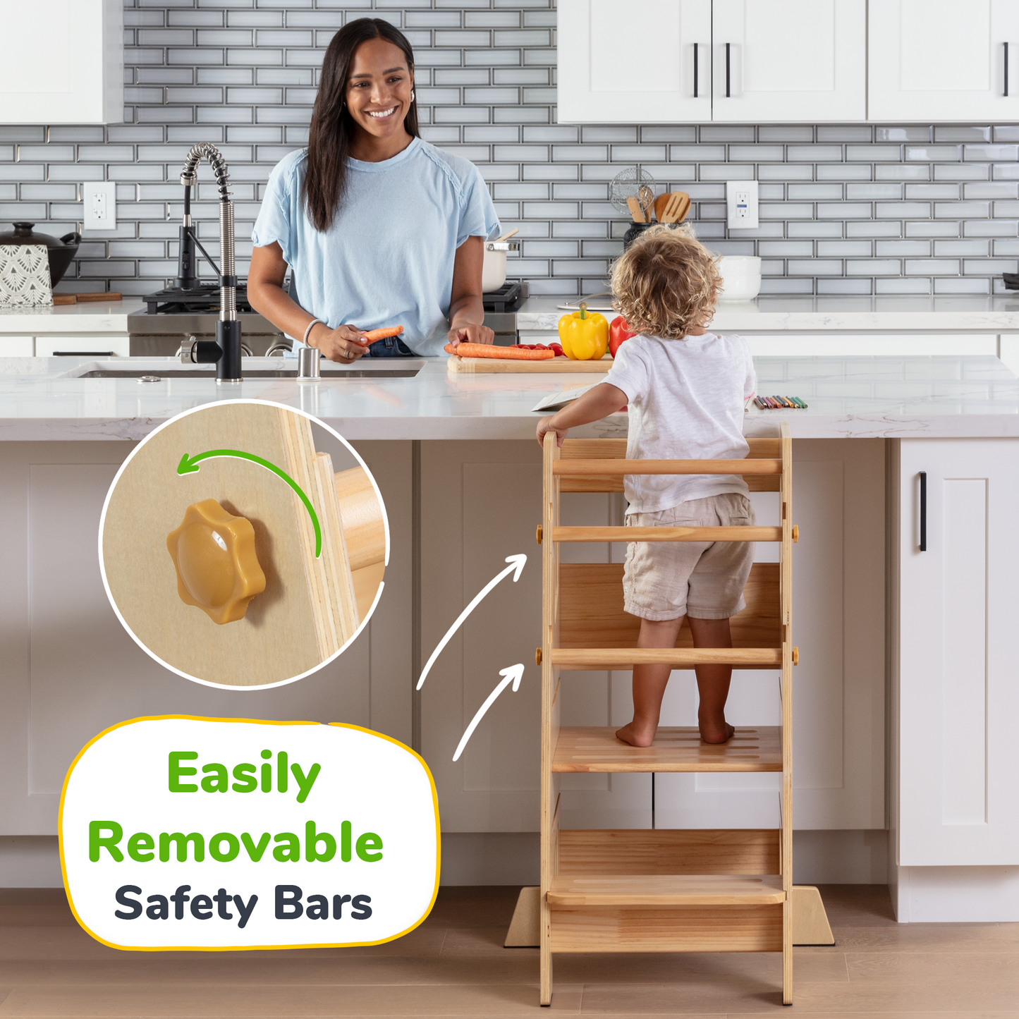 Help Your Little Ones Participate!  Adjustable Toddler Kitchen/Bathroom Tower with Safety Bars - 4 Colors