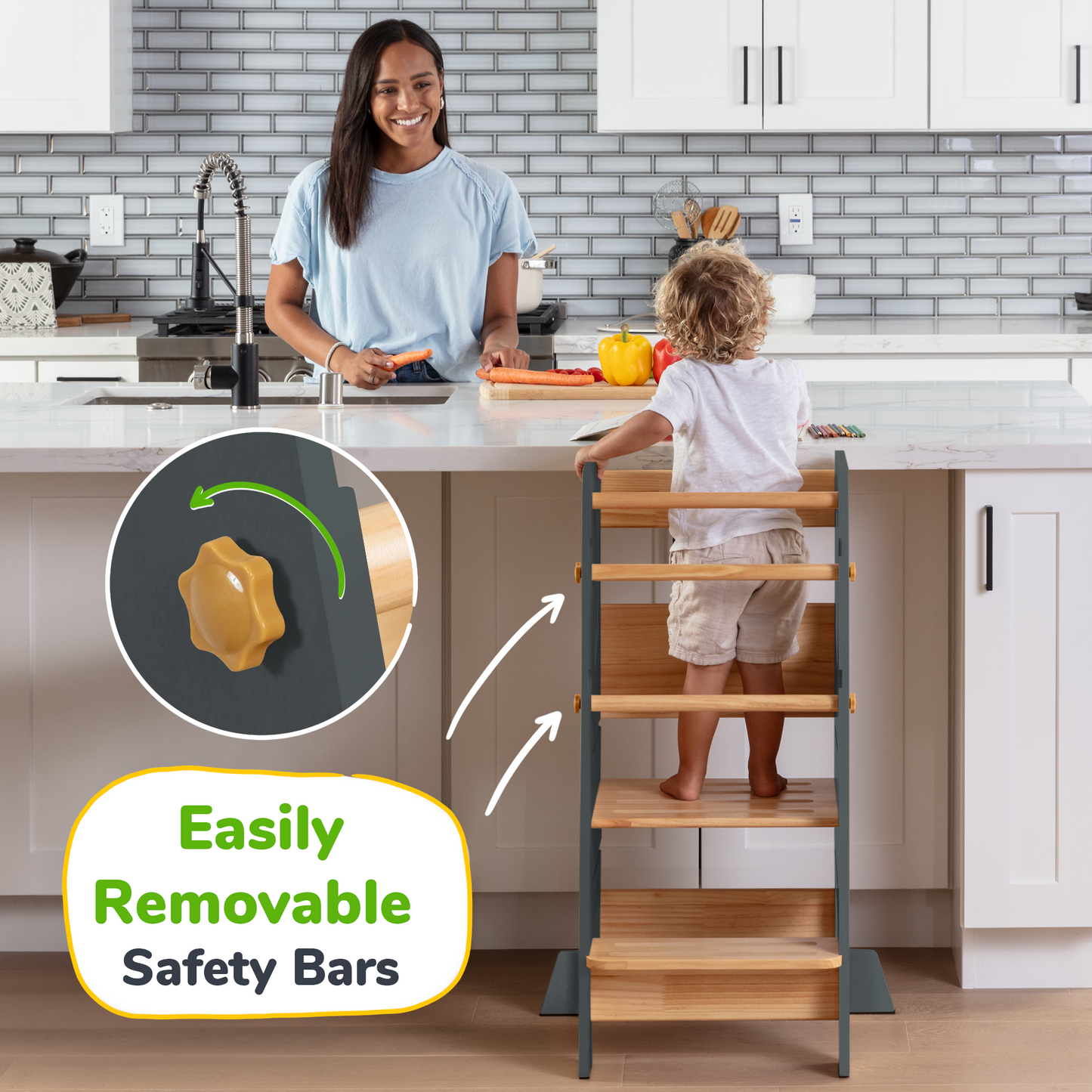 Help Your Little Ones Participate!  Adjustable Toddler Kitchen/Bathroom Tower with Safety Bars - 4 Colors