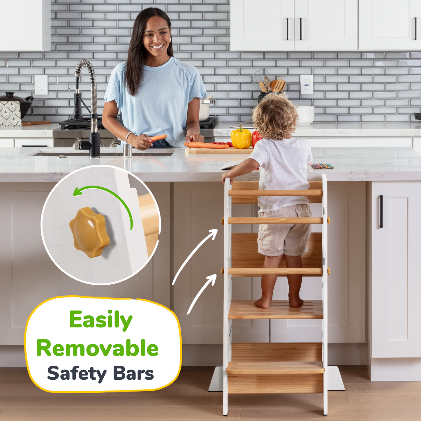 Help Your Little Ones Participate!  Adjustable Toddler Kitchen/Bathroom Tower with Safety Bars - 4 Colors
