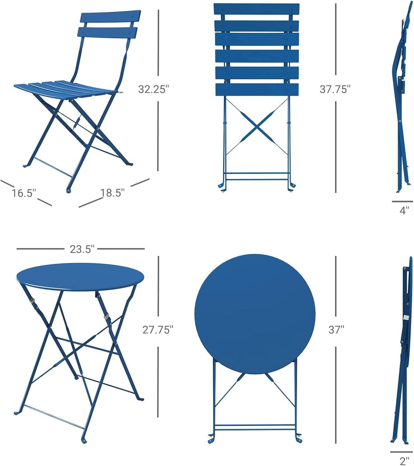 Peacock Blue Folding Patio Bistro Set 3 Piece Outdoor
