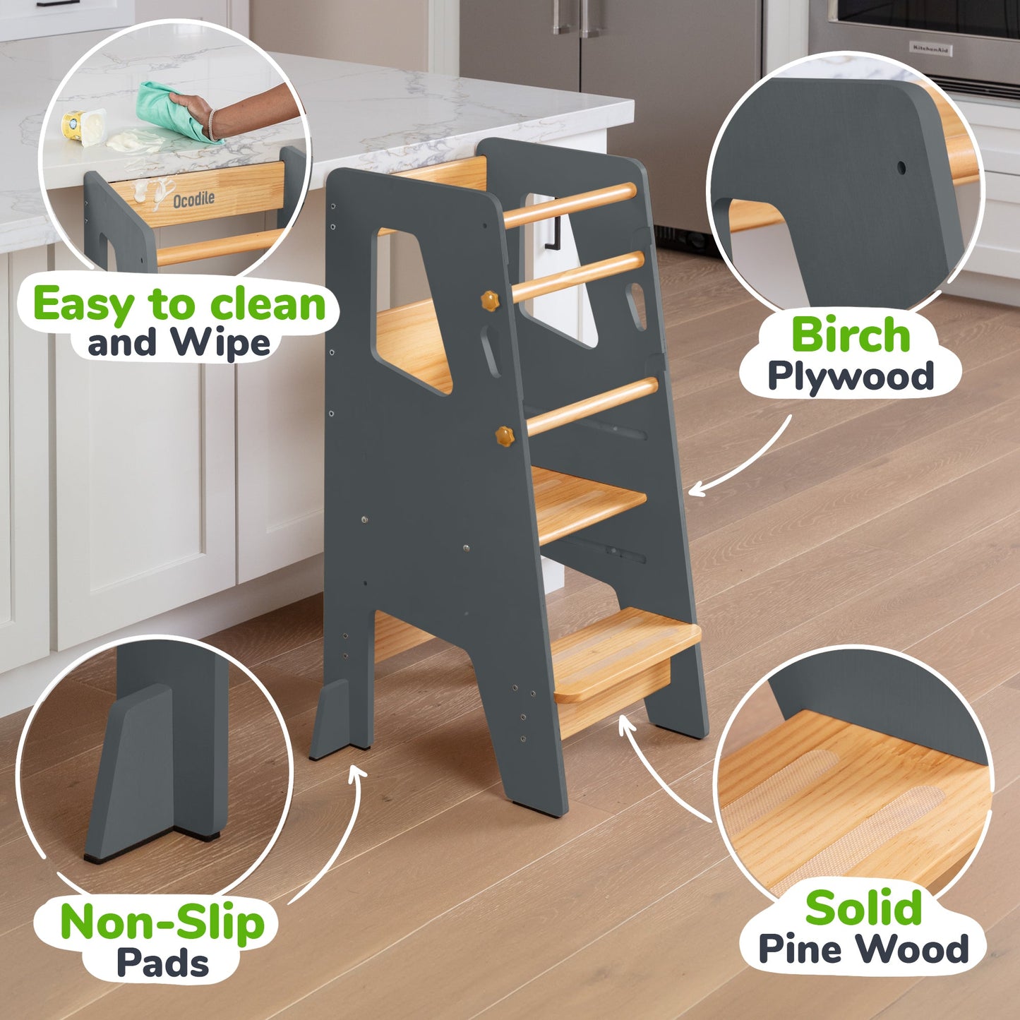 Help Your Little Ones Participate!  Adjustable Toddler Kitchen/Bathroom Tower with Safety Bars - 4 Colors