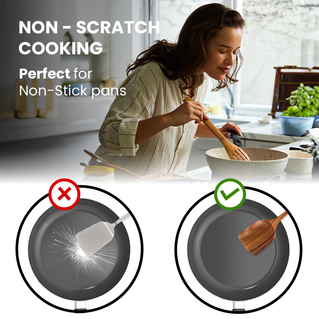 8 Piece Wooden Utensil Set for Nonstick Pans and Cookware - Utensil Set with Spoon Rest and Holder - Lightweight, Heat Resistant, Non Toxic