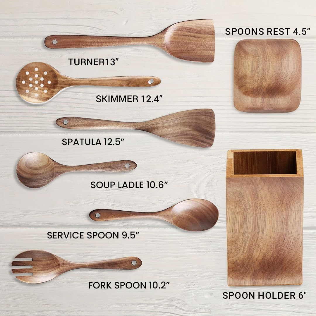 8 Piece Wooden Utensil Set for Nonstick Pans and Cookware - Utensil Set with Spoon Rest and Holder - Lightweight, Heat Resistant, Non Toxic