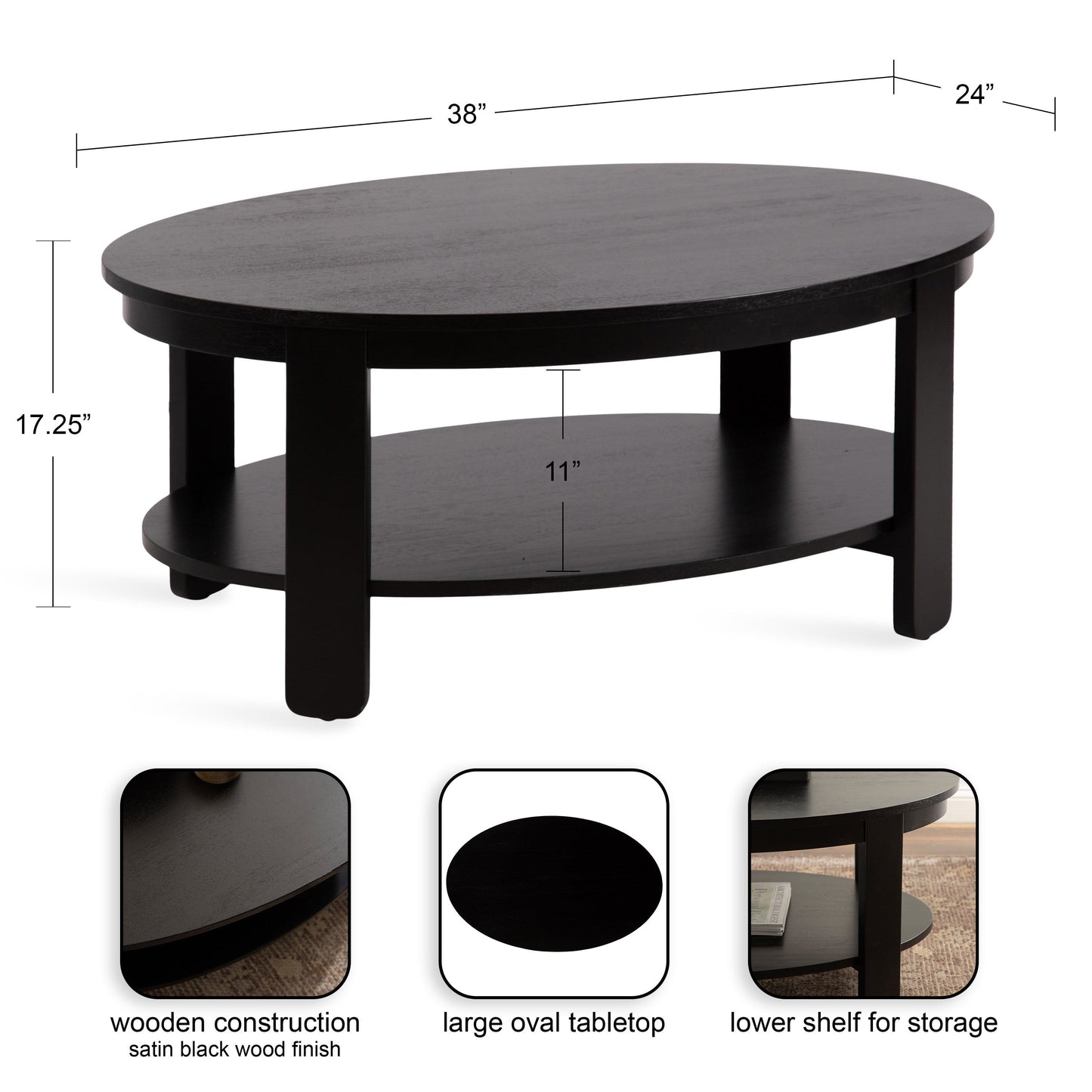 Sleek Oval Wood Coffee Table - 38" x 24" - Black and Natural - Easy Assembly
