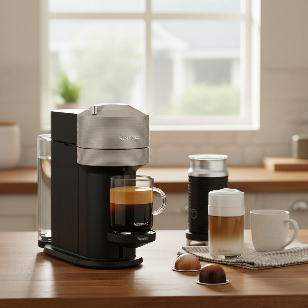 Vertuo Next Coffee and Espresso Maker by Breville, with Aeroccino Milk Frother, Light Grey