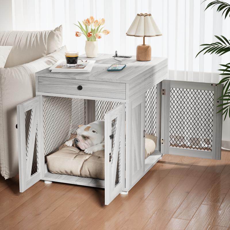 Dog Crate End Table/Nightstand with Drawer & USB Charging - Easy Assembly