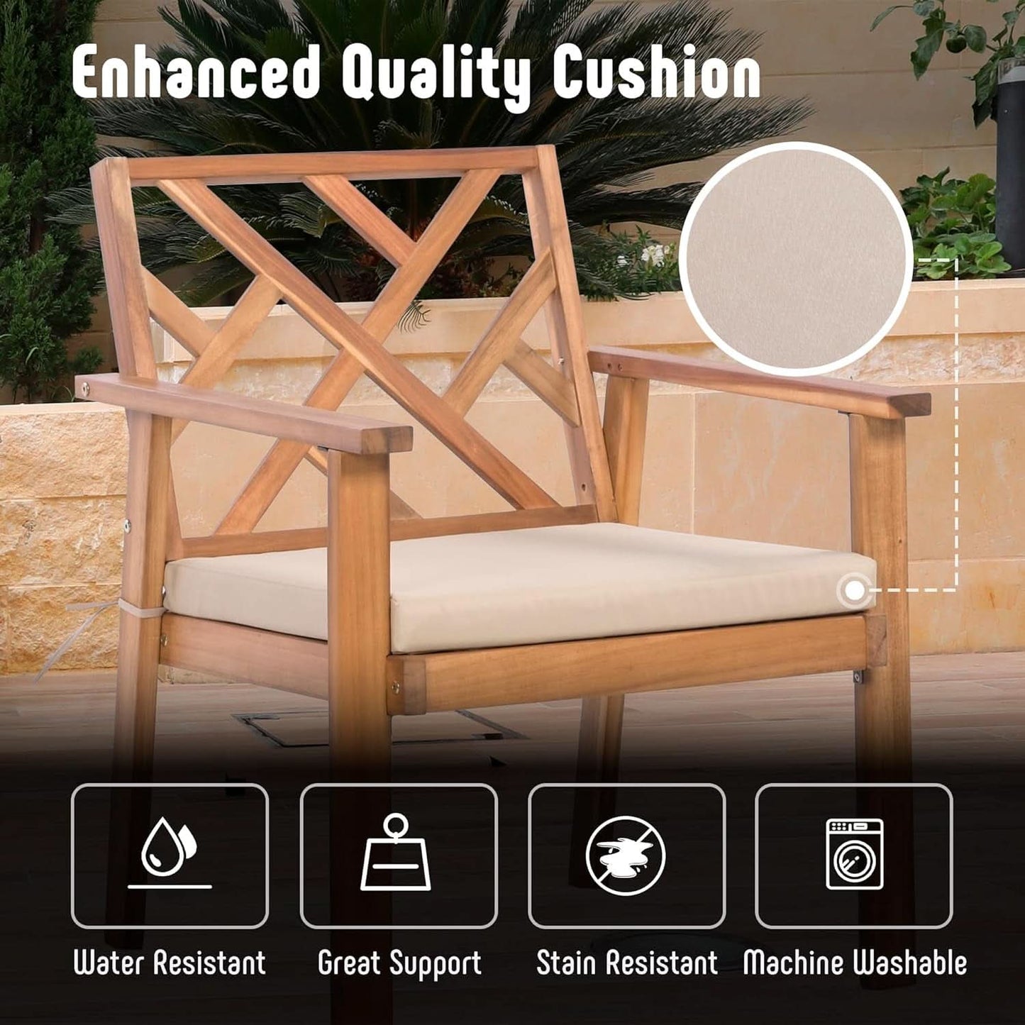 3 Piece Outdoor Patio Furniture Set: Acacia Wood Cushioned Chairs And Coffee Table