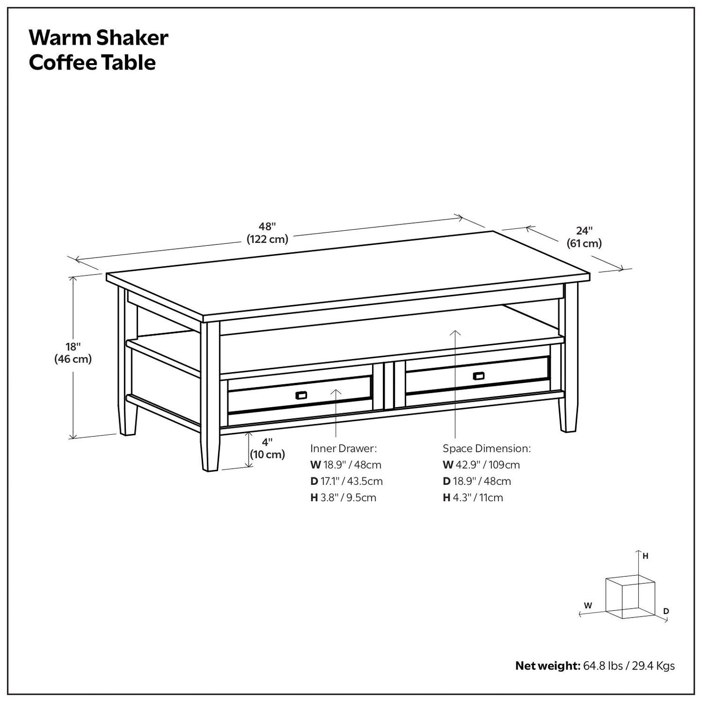 Classic Shaker Coffee Table in 2 Shades of Brown - Solid Wood - Easy Assembly