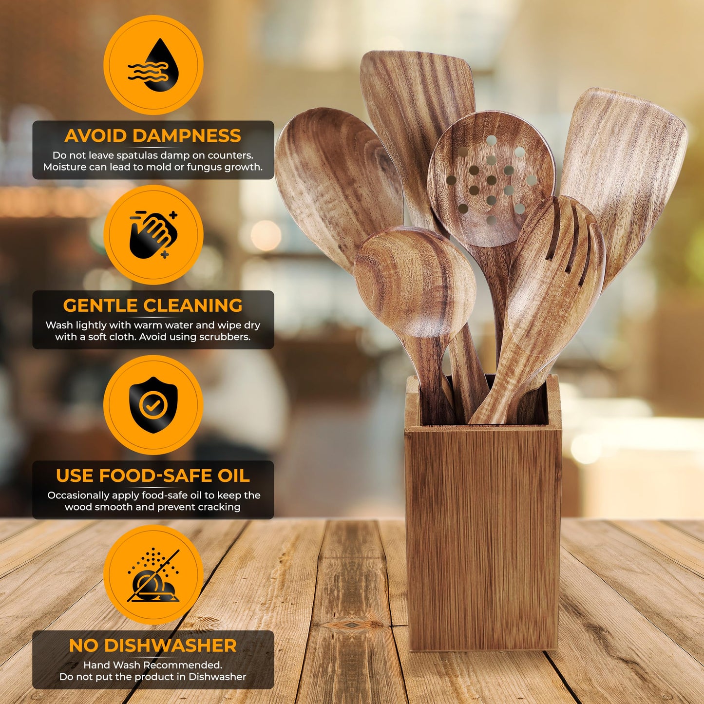 8 Piece Wooden Utensil Set for Nonstick Pans and Cookware - Utensil Set with Spoon Rest and Holder - Lightweight, Heat Resistant, Non Toxic
