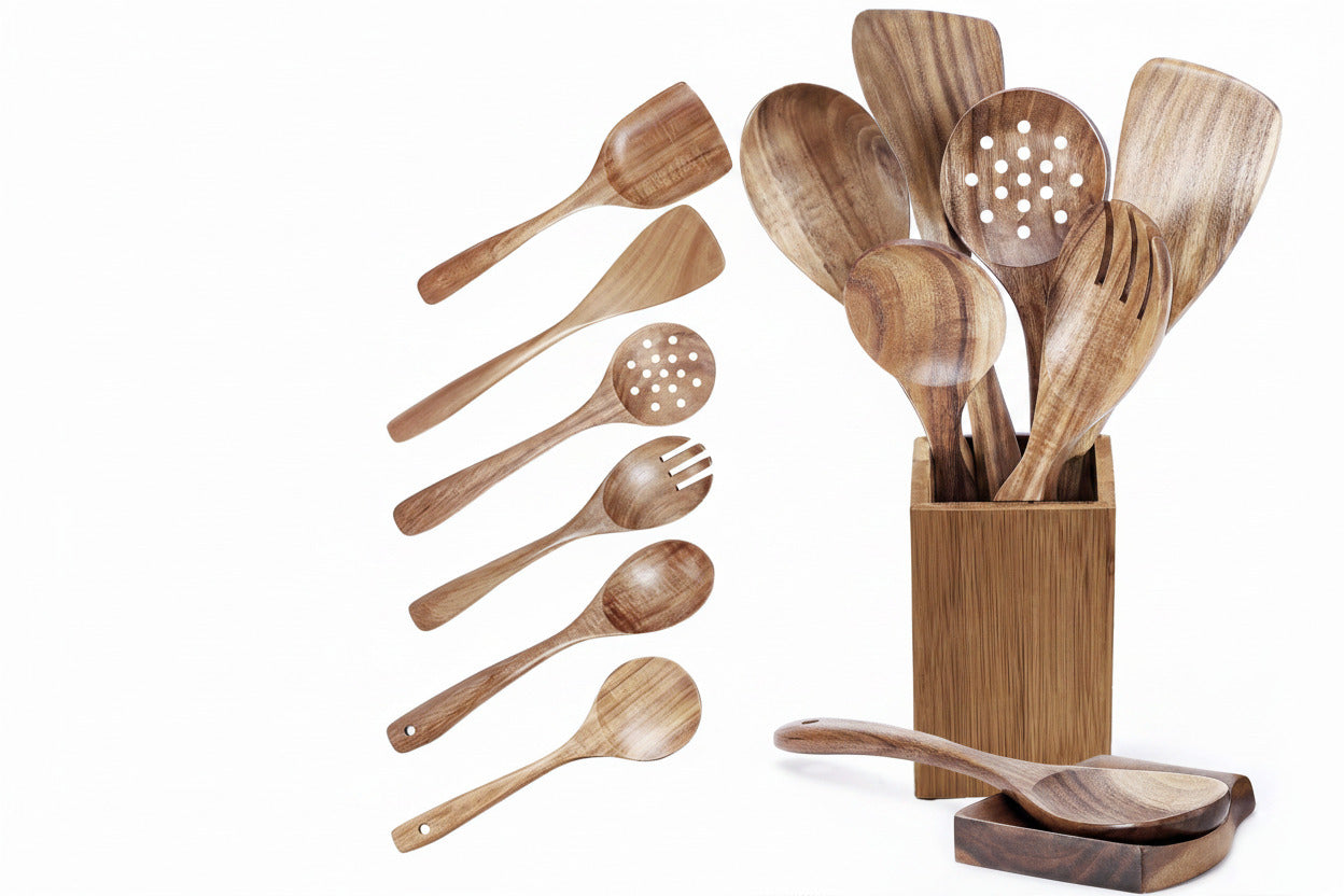 8 Piece Wooden Utensil Set for Nonstick Pans and Cookware - Utensil Set with Spoon Rest and Holder - Lightweight, Heat Resistant, Non Toxic