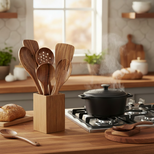 8 Piece Wooden Utensil Set for Nonstick Pans and Cookware - Utensil Set with Spoon Rest and Holder - Lightweight, Heat Resistant, Non Toxic