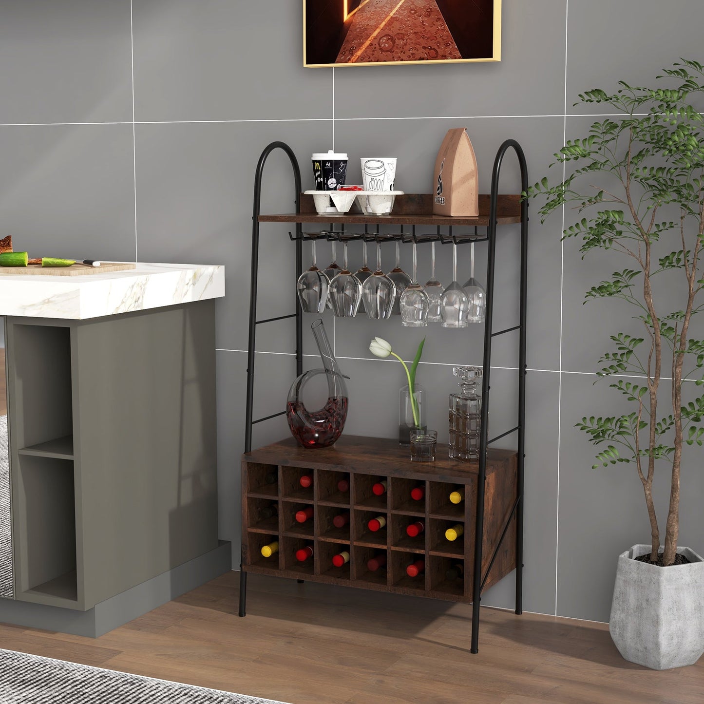Baker's Rack with Detachable Wine Rack and Stemware Holder - Rustic Brown