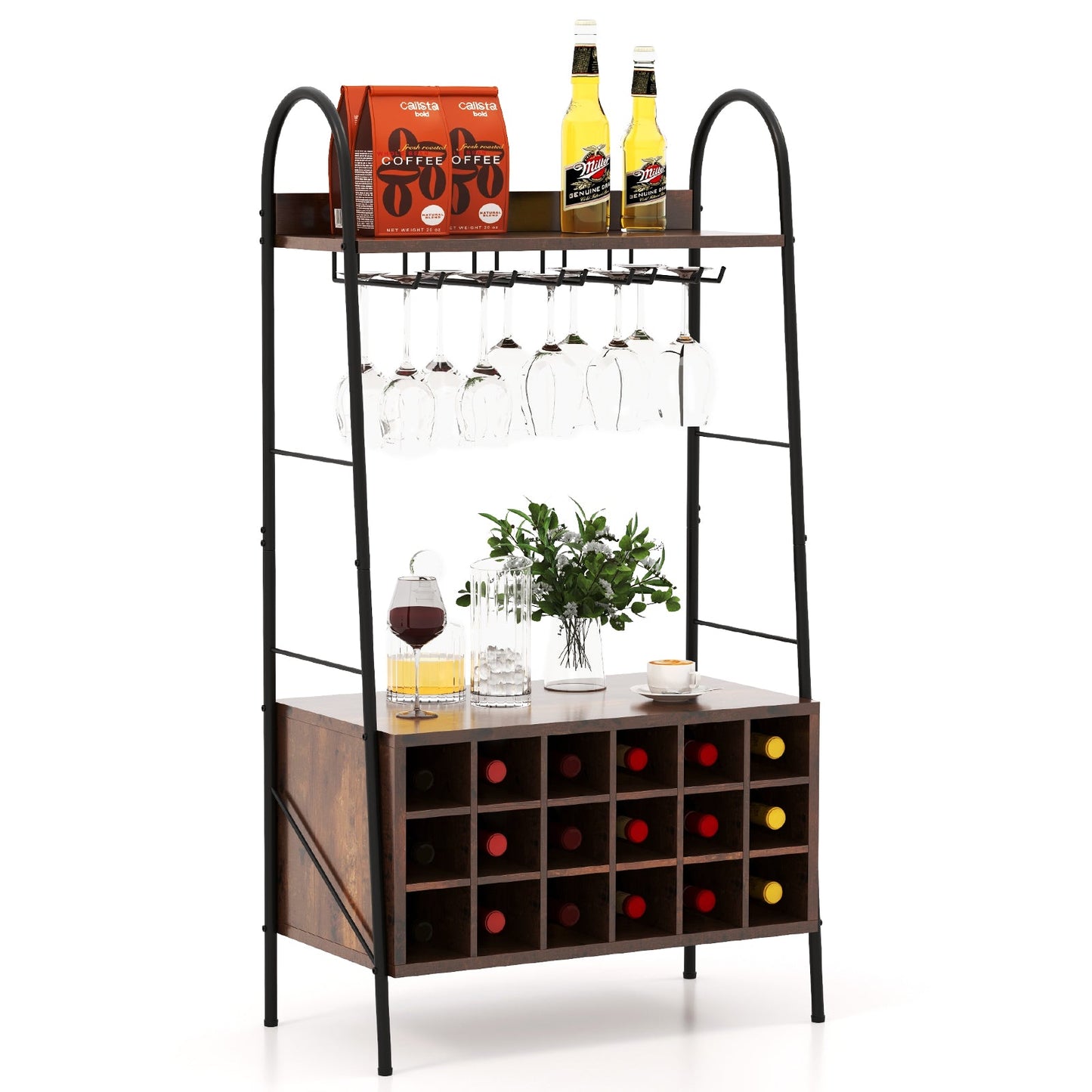 Baker's Rack with Detachable Wine Rack and Stemware Holder - Rustic Brown