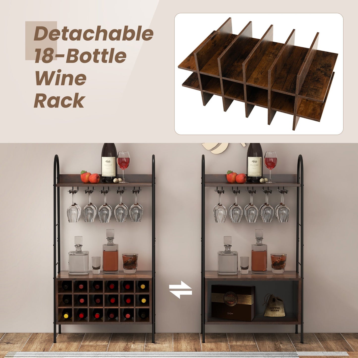 Baker's Rack with Detachable Wine Rack and Stemware Holder - Rustic Brown