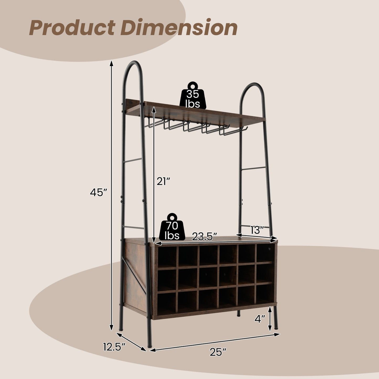 Baker's Rack with Detachable Wine Rack and Stemware Holder - Rustic Brown