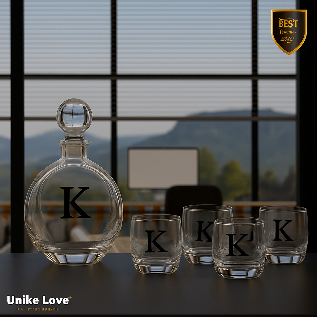 Customized Whiskey Set - Flat Round Glass Decanter w/ Four 10 oz. Rocks Glassess - Personalize in one of 6 Colors