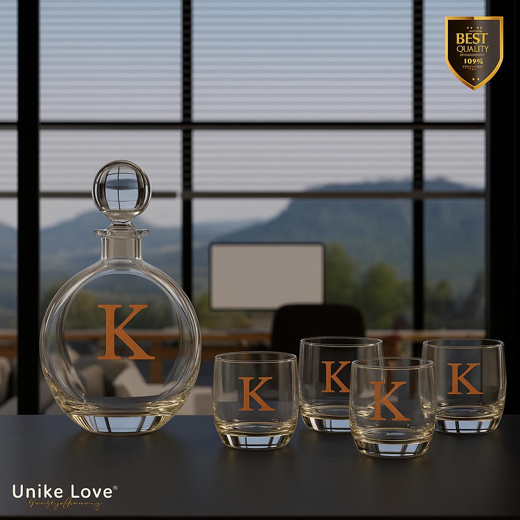 Customized Whiskey Set - Flat Round Glass Decanter w/ Four 10 oz. Rocks Glassess - Personalize in one of 6 Colors