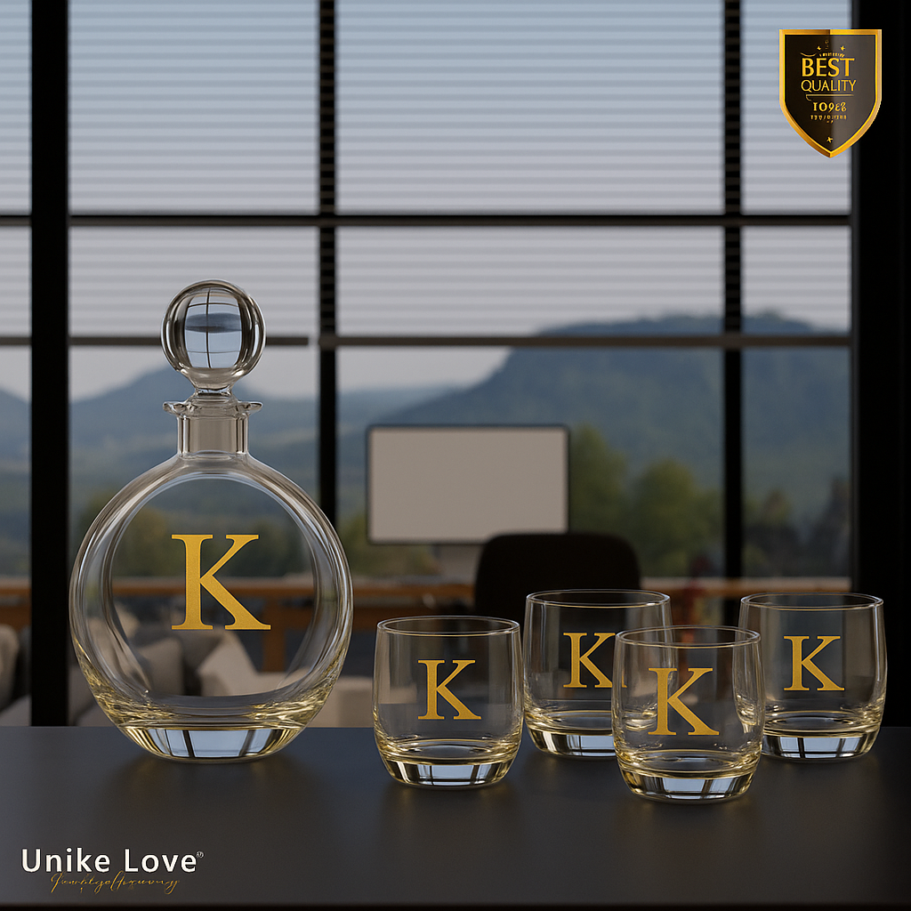 Customized Whiskey Set - Flat Round Glass Decanter w/ Four 10 oz. Rocks Glassess - Personalize in one of 6 Colors