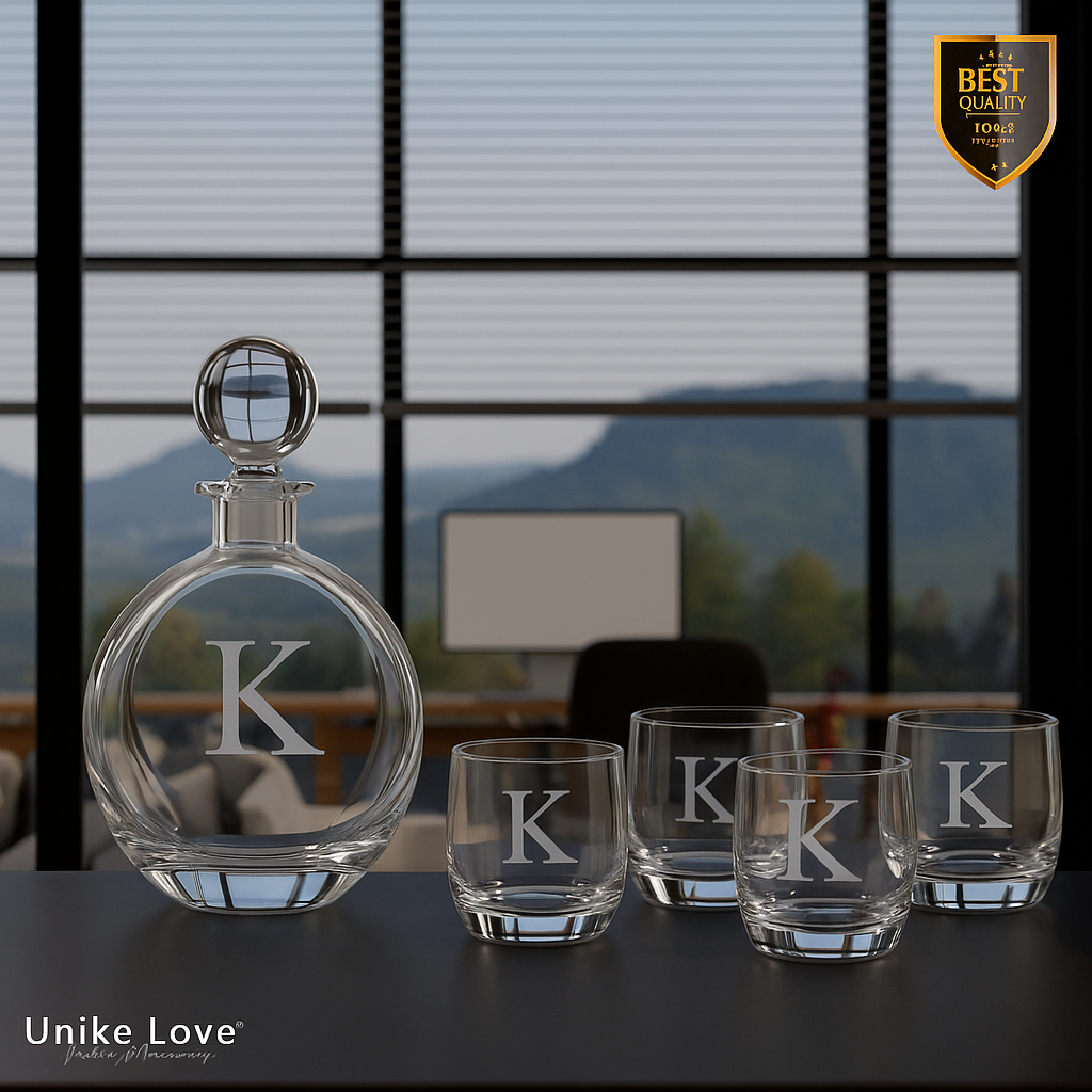 Customized Whiskey Set - Flat Round Glass Decanter w/ Four 10 oz. Rocks Glassess - Personalize in one of 6 Colors