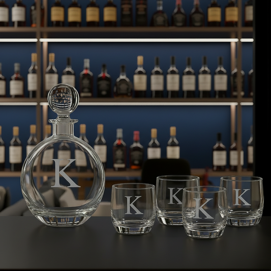 Customized Whiskey Set - Flat Round Glass Decanter w/ Four 10 oz. Rocks Glassess - Personalize in one of 6 Colors