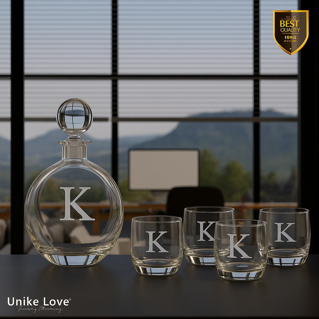 Customized Whiskey Set - Flat Round Glass Decanter w/ Four 10 oz. Rocks Glassess - Personalize in one of 6 Colors