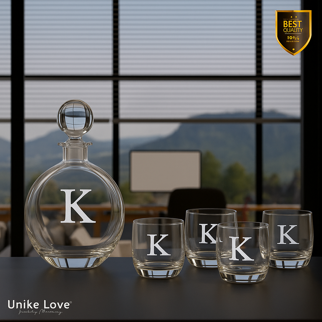 Customized Whiskey Set - Flat Round Glass Decanter w/ Four 10 oz. Rocks Glassess - Personalize in one of 6 Colors