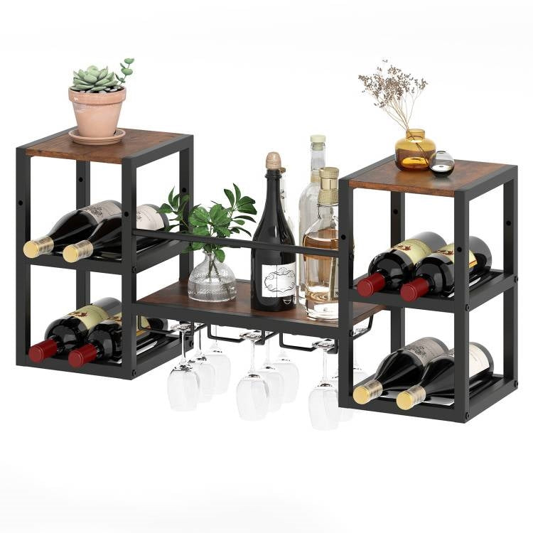 Sleek Industrial Wood & Metal Wall Mounted Wine/Liquor Rack with Glass Holders