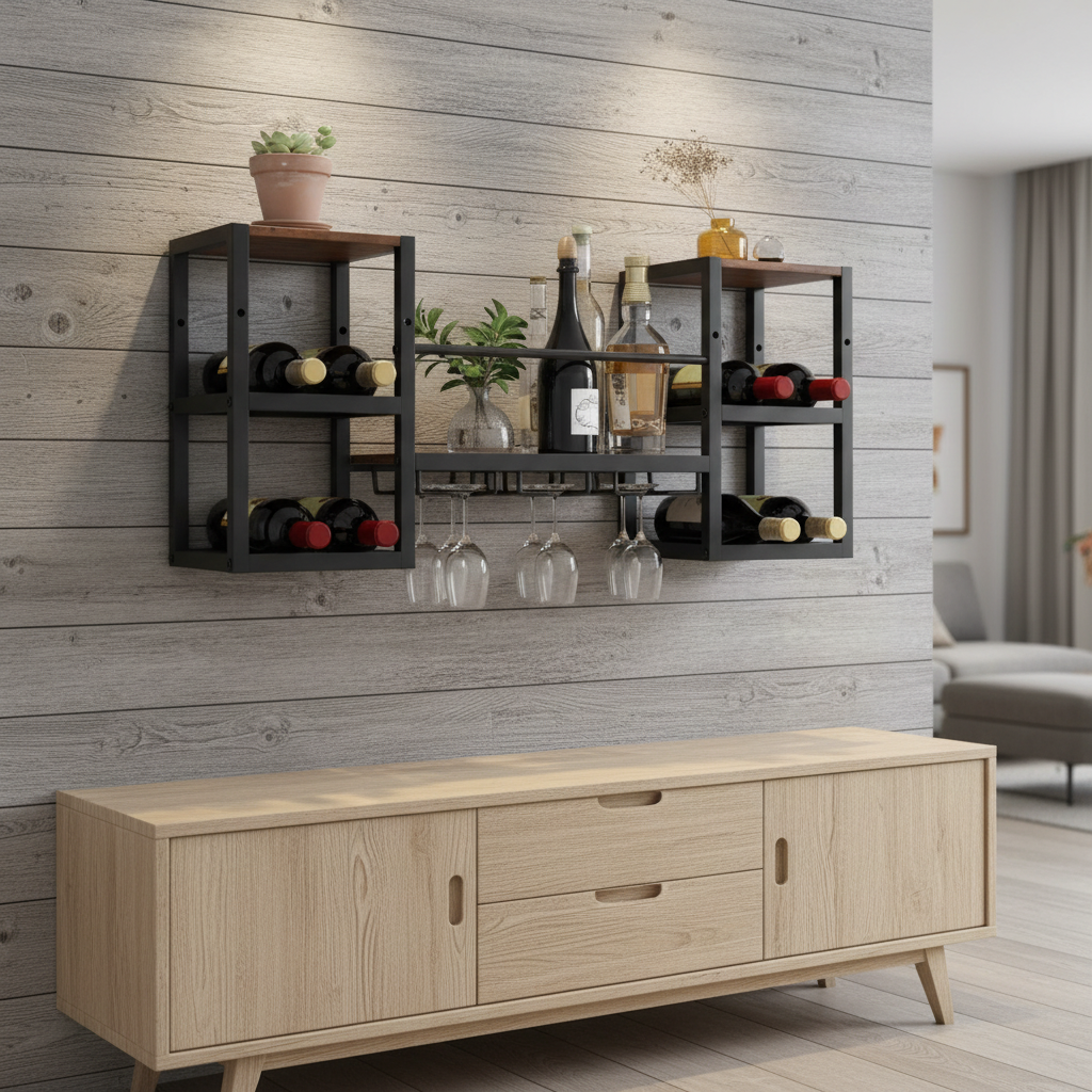 Sleek Industrial Wood & Metal Wall Mounted Wine/Liquor Rack with Glass Holders