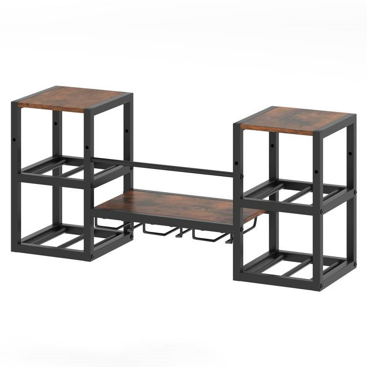 Sleek Industrial Wood & Metal Wall Mounted Wine/Liquor Rack with Glass Holders