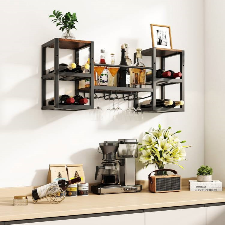 Sleek Industrial Wood & Metal Wall Mounted Wine/Liquor Rack with Glass Holders