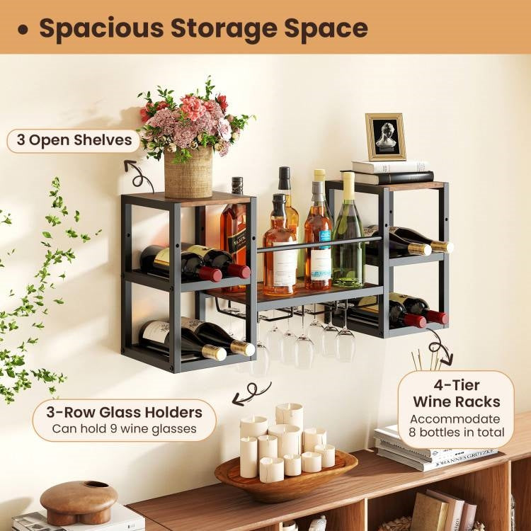 Sleek Industrial Wood & Metal Wall Mounted Wine/Liquor Rack with Glass Holders
