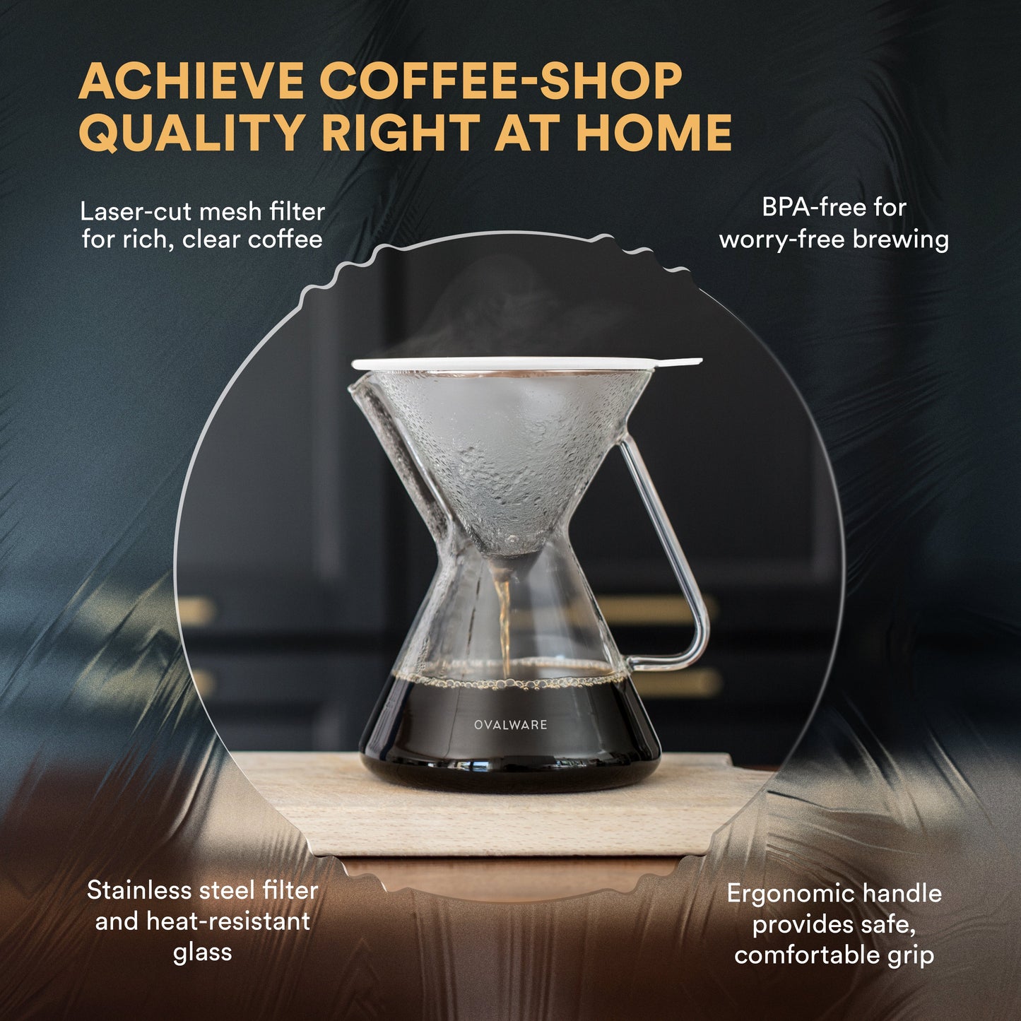 Best Pour Over Coffee Maker with Controlled-Flow Steel Filter - Brilliant Design in Hand-Blown Glass